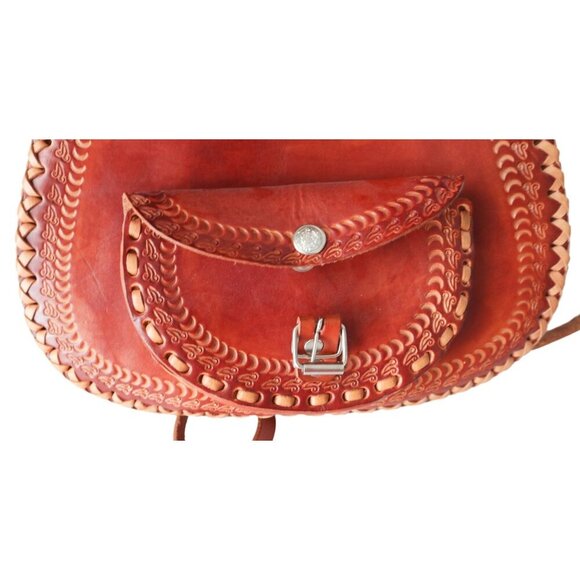 Vintage Handcrafted Mexican Leather Crossbody Bag With Floral & Aztec - Picture 4 of 8